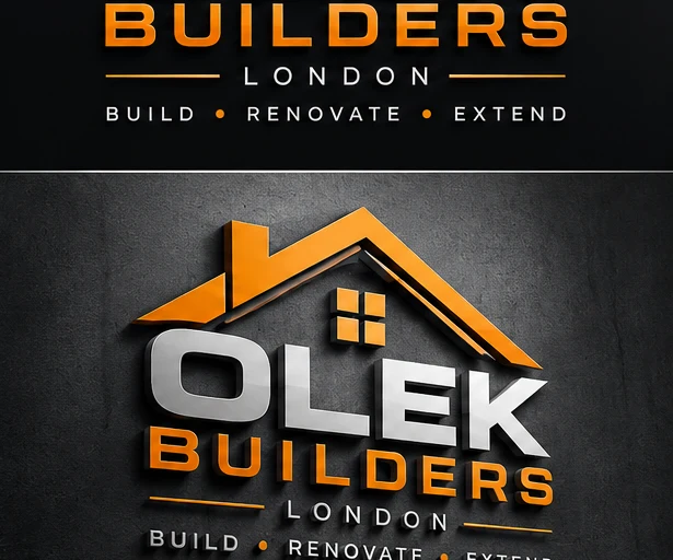 Olek Builders metallic orange and charcoal logo