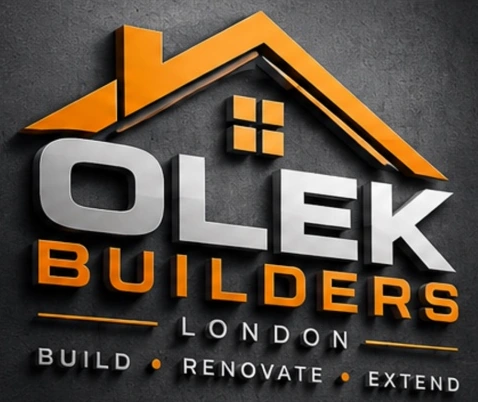Olek Builders metallic orange and charcoal logo
